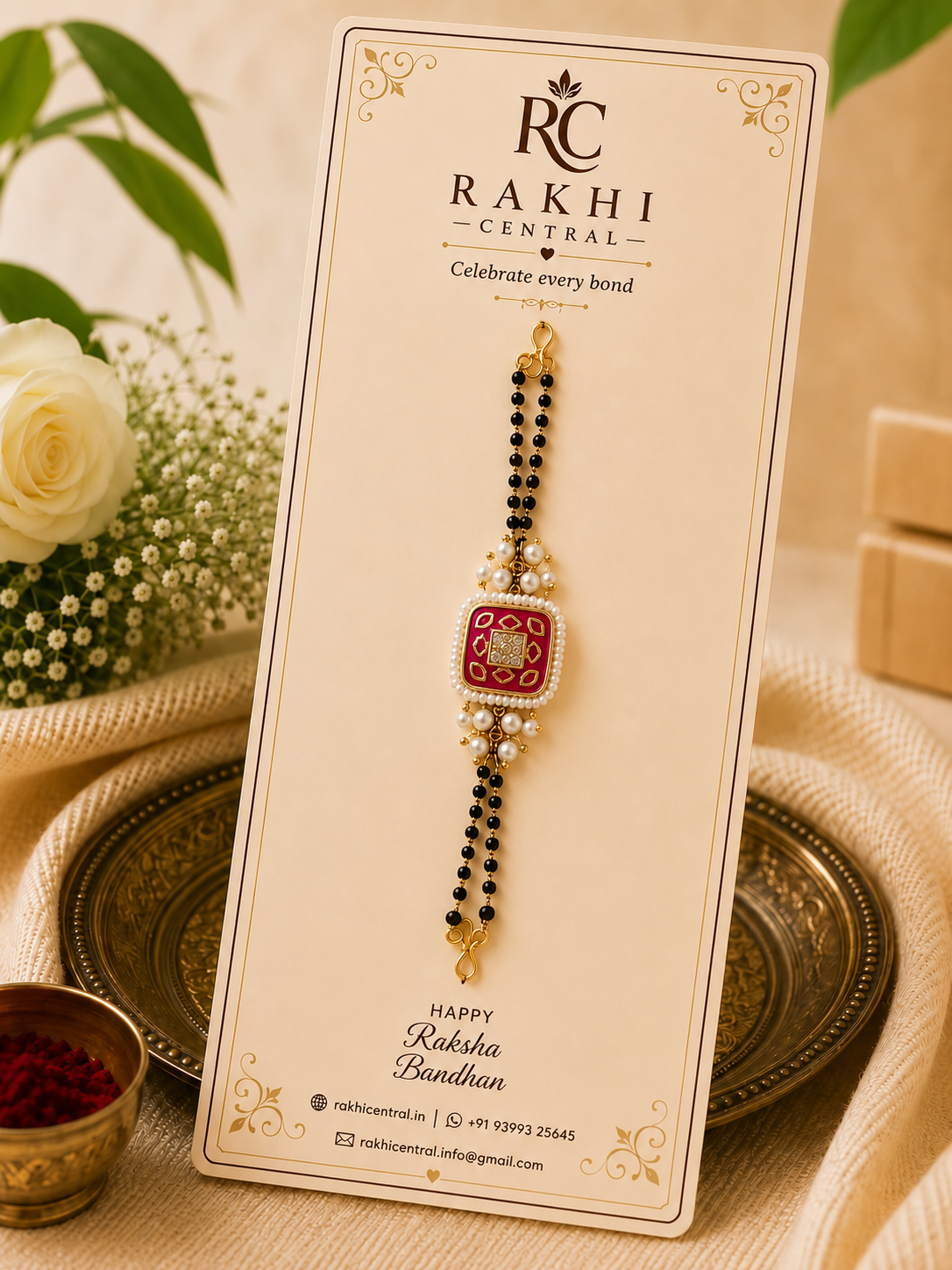 Premium Square Kundan Bracelet Rakhi with Pearl Border