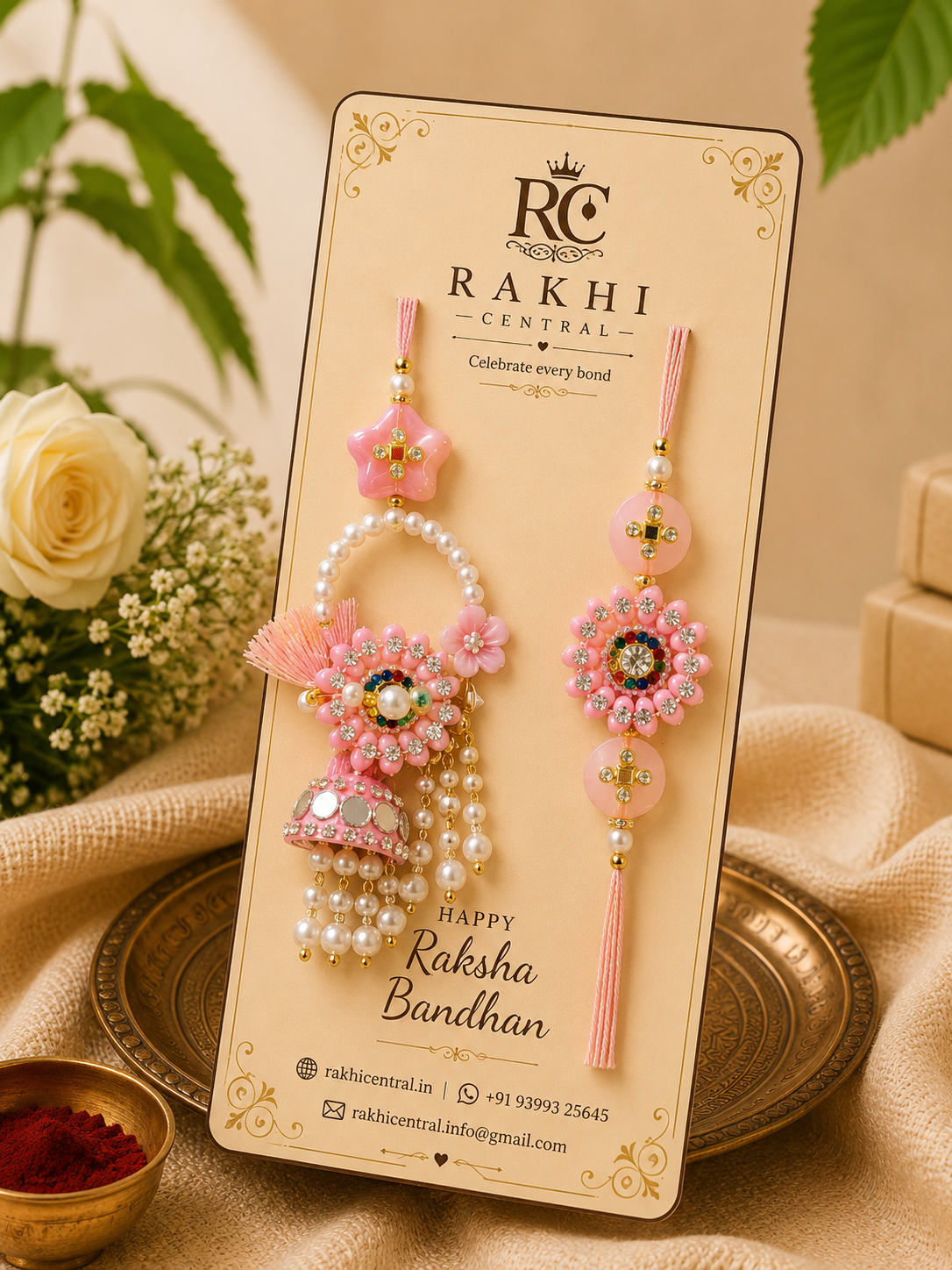 Designer Floral Bhai Bhabhi Lumba Rakhi Set with Jhumka