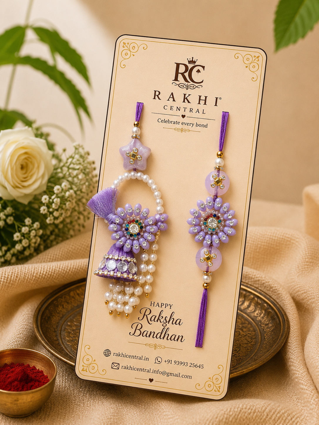 Designer Floral Bhai Bhabhi Lumba Rakhi Set with Jhumka