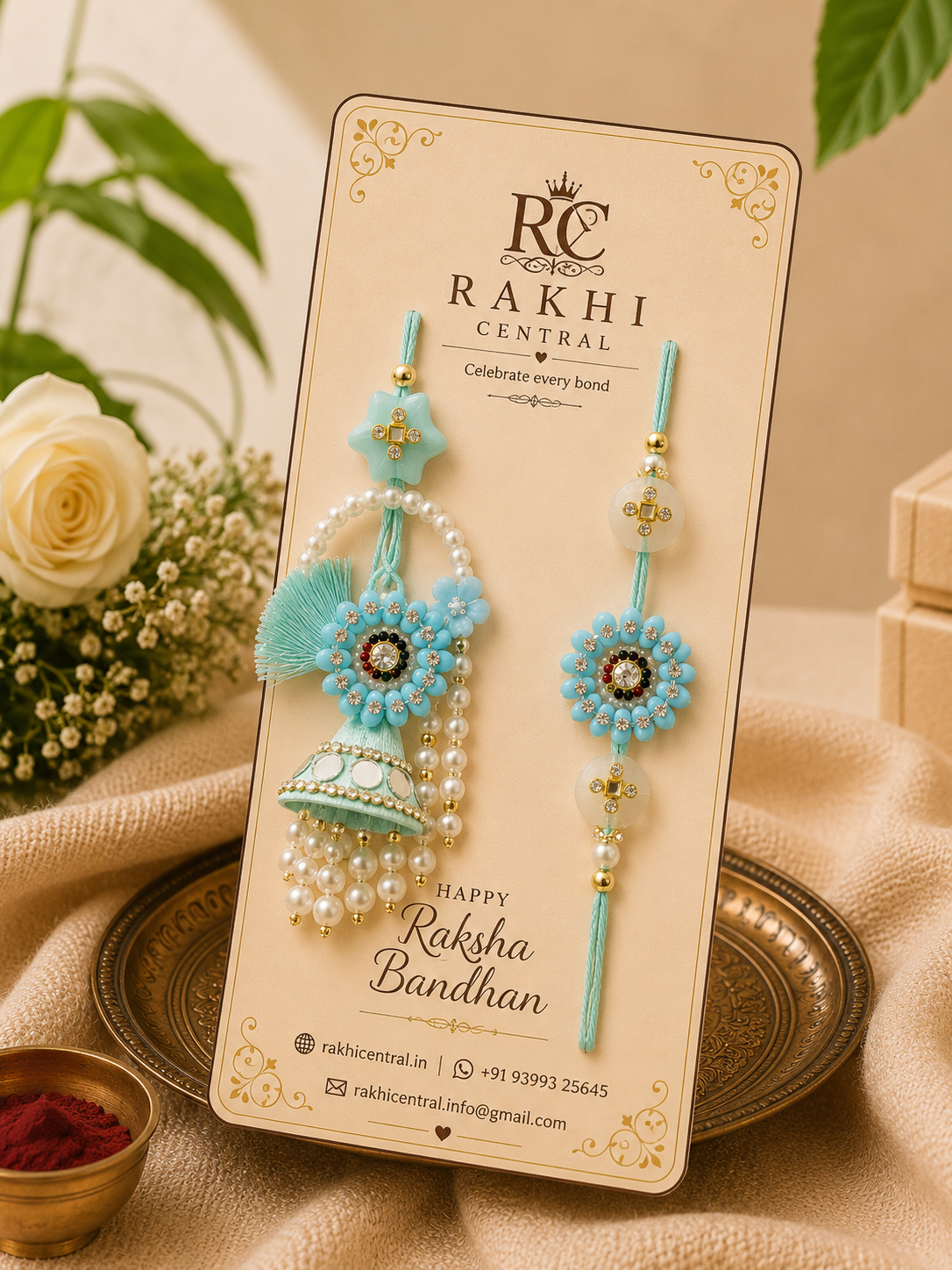Designer Floral Bhai Bhabhi Lumba Rakhi Set with Jhumka