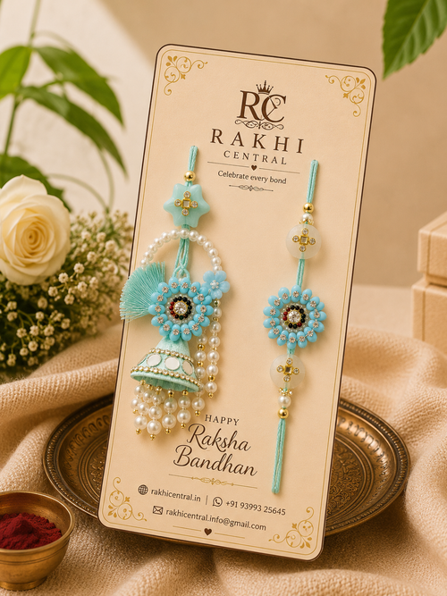 Designer Floral Bhai Bhabhi Lumba Rakhi Set with Jhumka