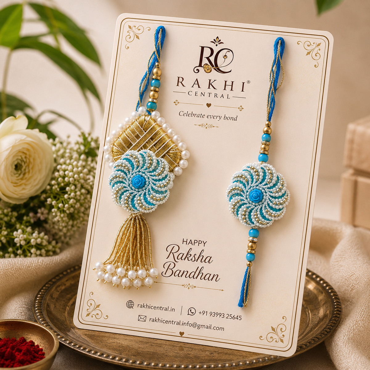 Designer Swirl Pearl Bhai Bhabhi Lumba Rakhi Set with Tassel