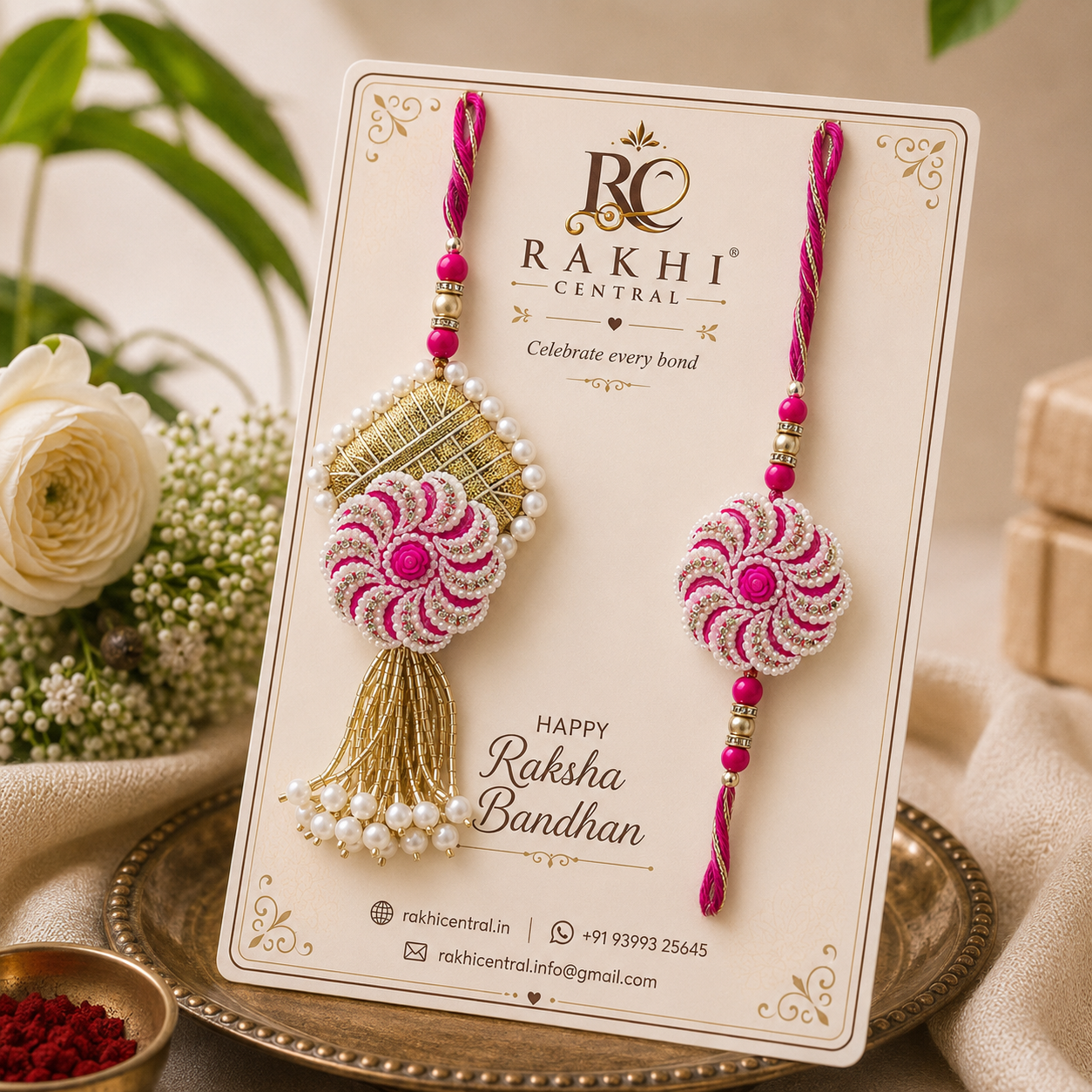 Designer Swirl Pearl Bhai Bhabhi Lumba Rakhi Set with Tassel