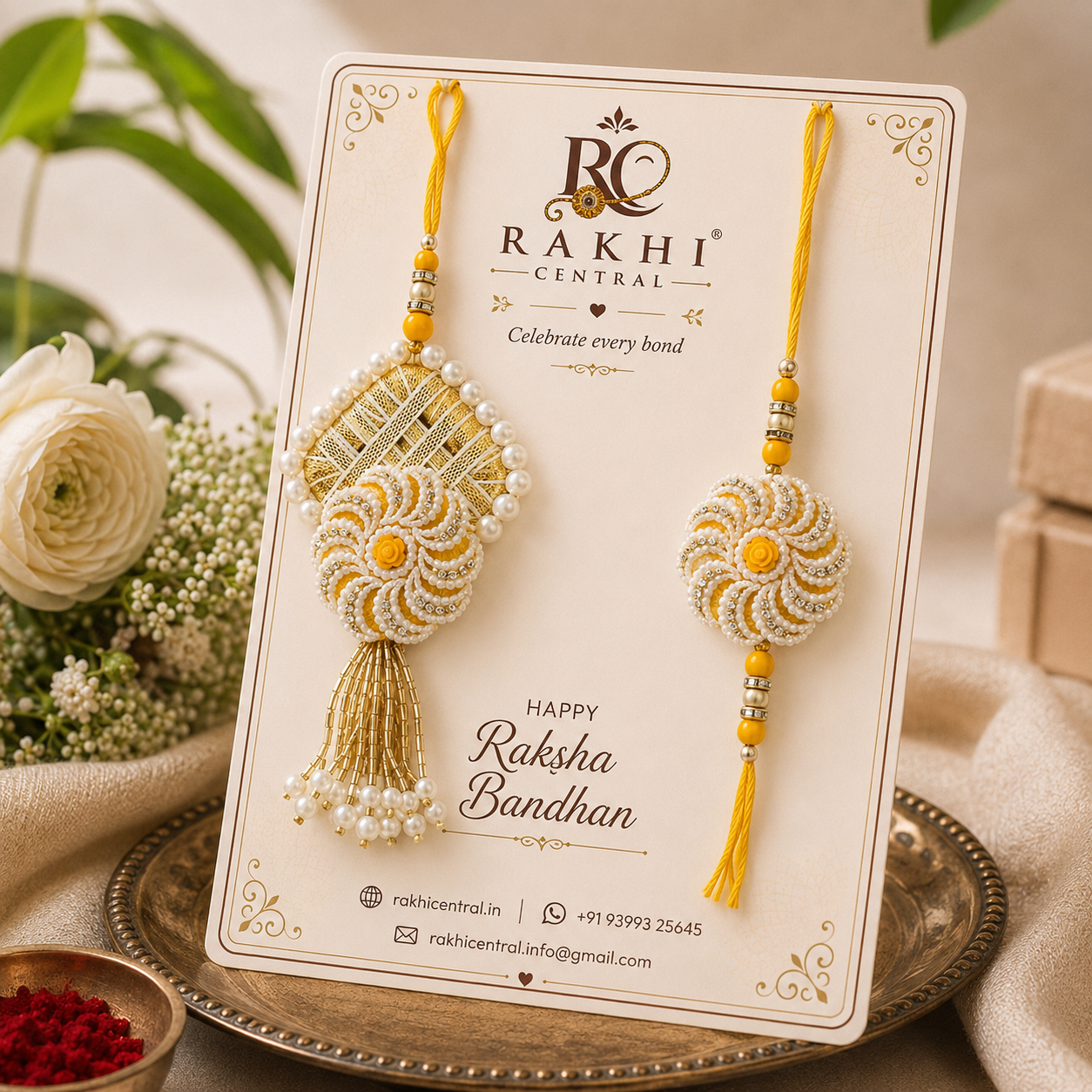 Designer Swirl Pearl Bhai Bhabhi Lumba Rakhi Set with Tassel