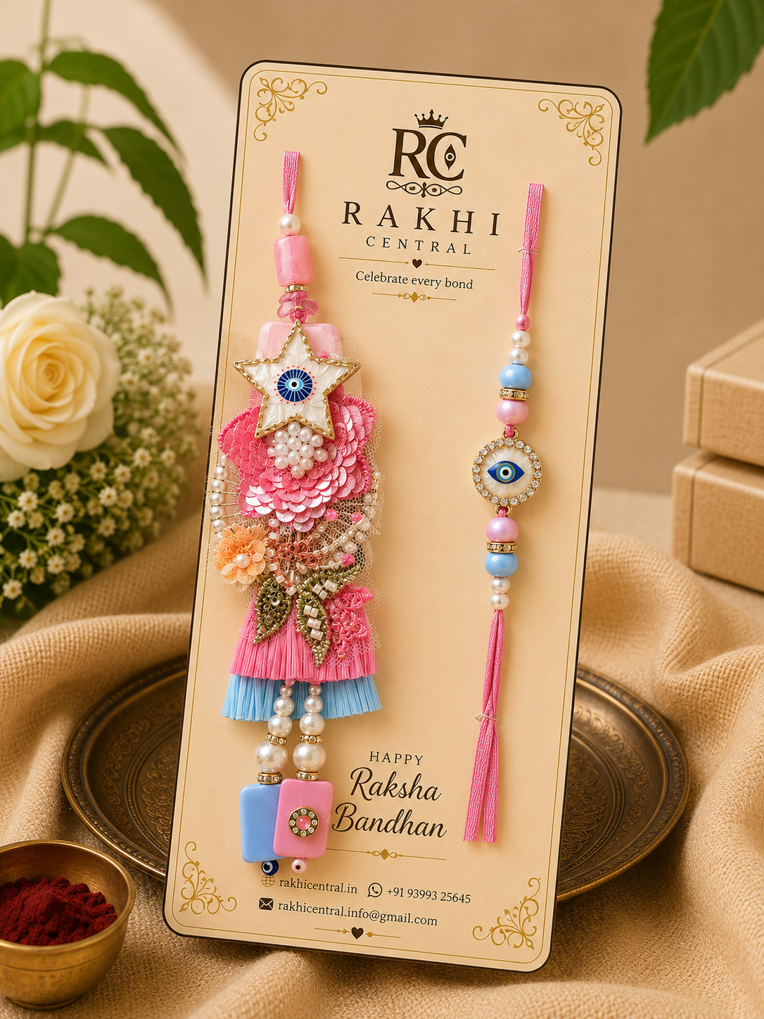 Pink Evil Eye Floral Bhai Bhabhi Lumba Rakhi Set with Tassel
