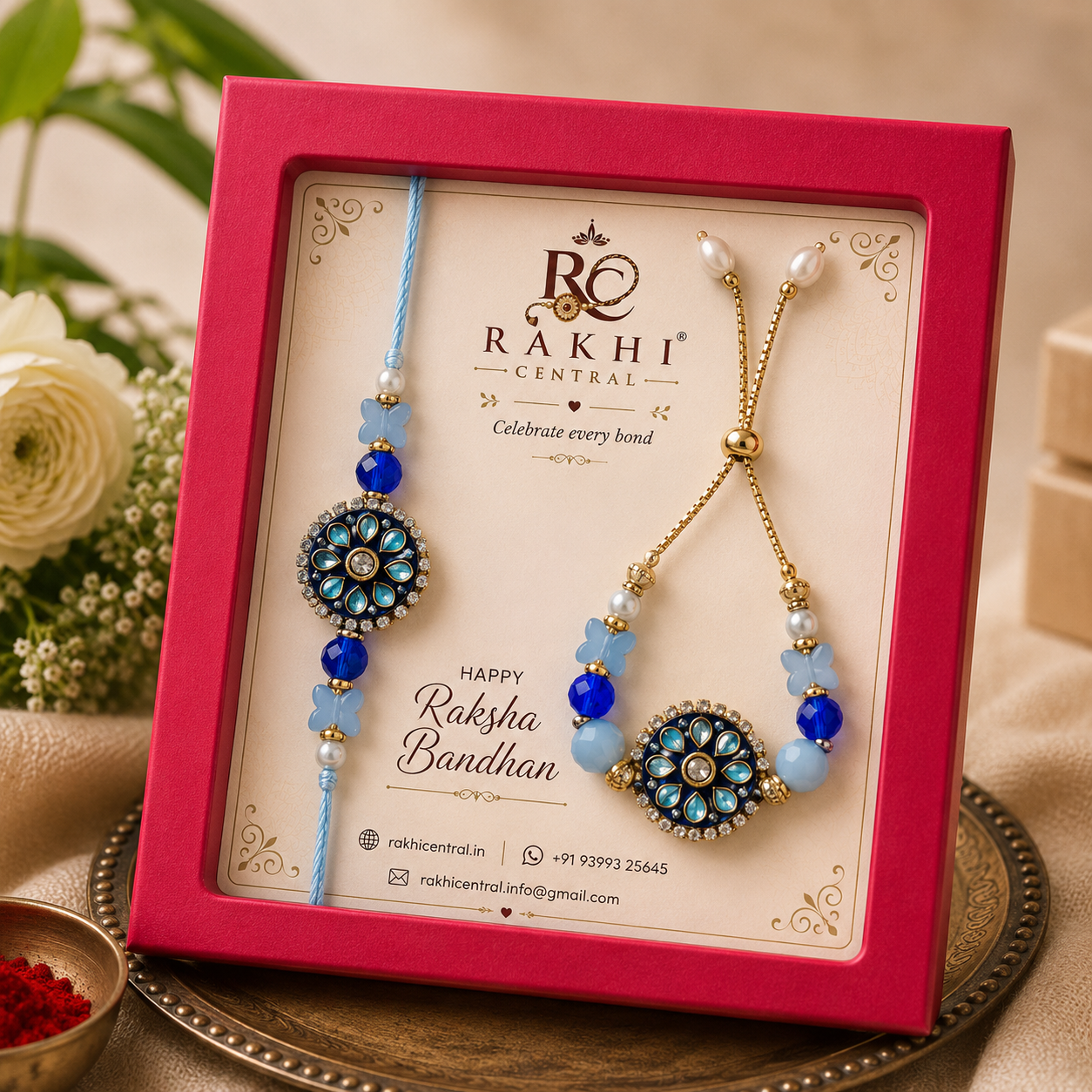 Premium Floral Bhai Bhabhi Rakhi Gift Set with Box