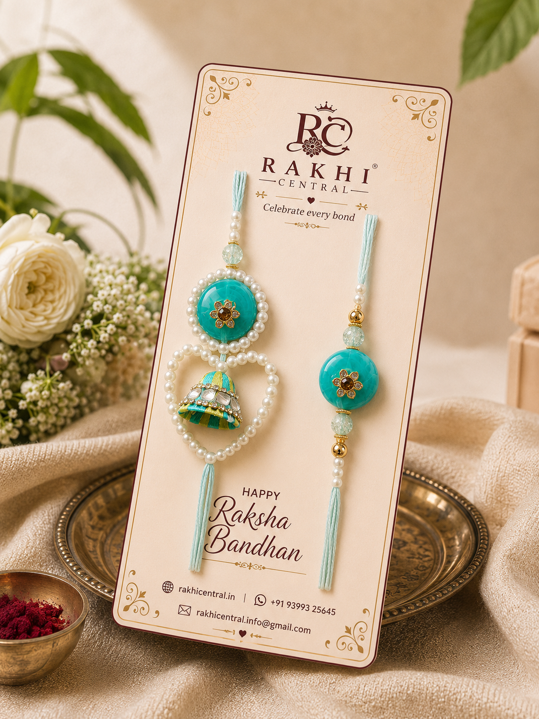 Designer Pearl Bhai Bhabhi Lumba Rakhi Set with Jhumka