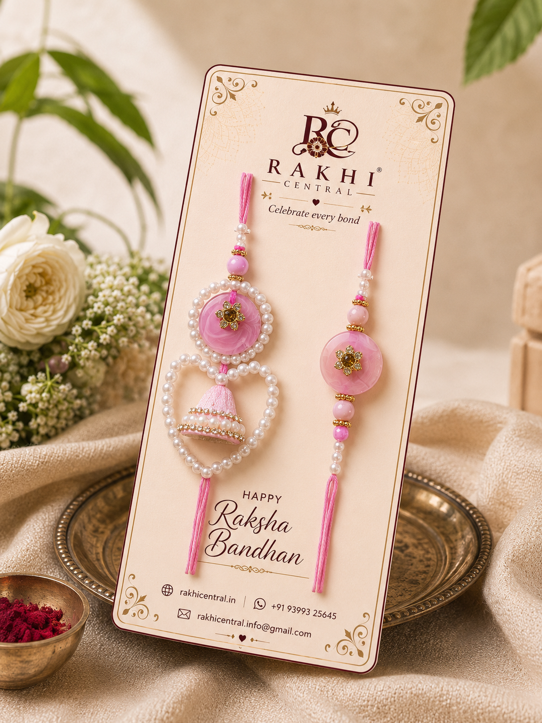 Designer Pearl Bhai Bhabhi Lumba Rakhi Set with Jhumka