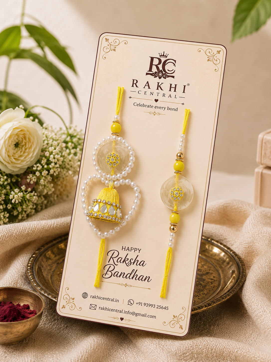 Designer Pearl Bhai Bhabhi Lumba Rakhi Set with Jhumka