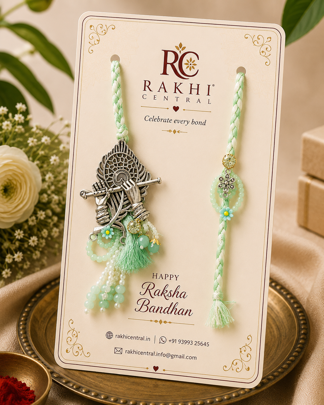 Designer Krishna Flute Bhai Bhabhi Lumba Rakhi Set