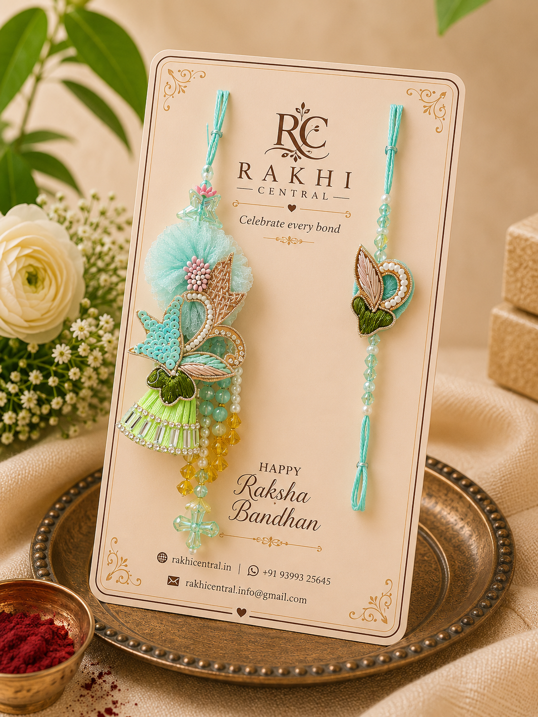 Designer Leaf Bhai Bhabhi Lumba Rakhi Set with Tassel