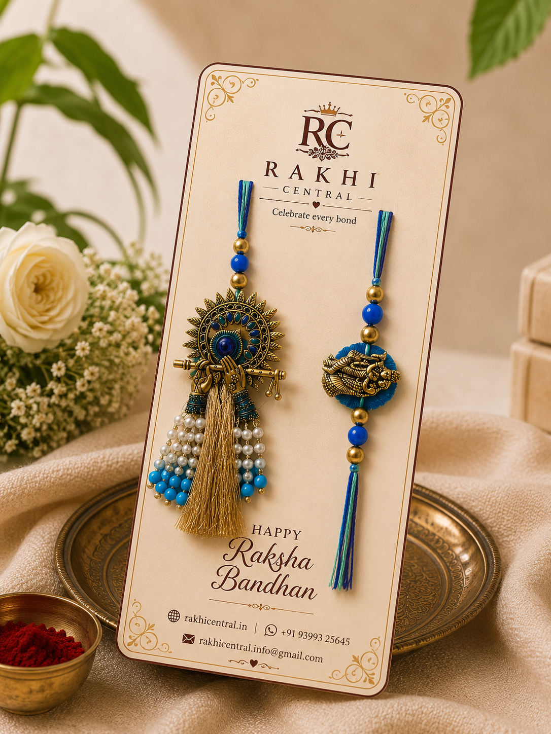 Krishna Flute Bhai Bhabhi Lumba Rakhi Set with Pearl Tassel