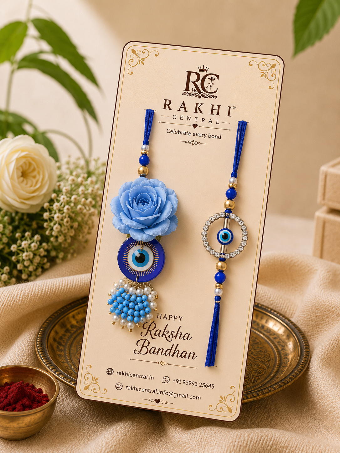 Blue Evil Eye Bhai Bhabhi Lumba Rakhi Set with Floral Tassel