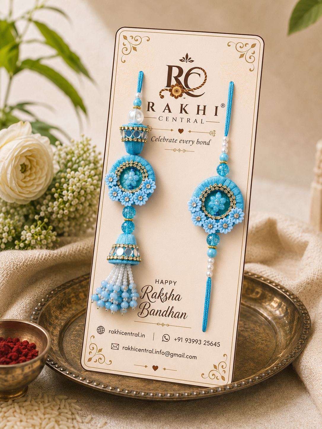 Premium Floral Bhaiya Bhabhi Rakhi Set with Designer Lumba