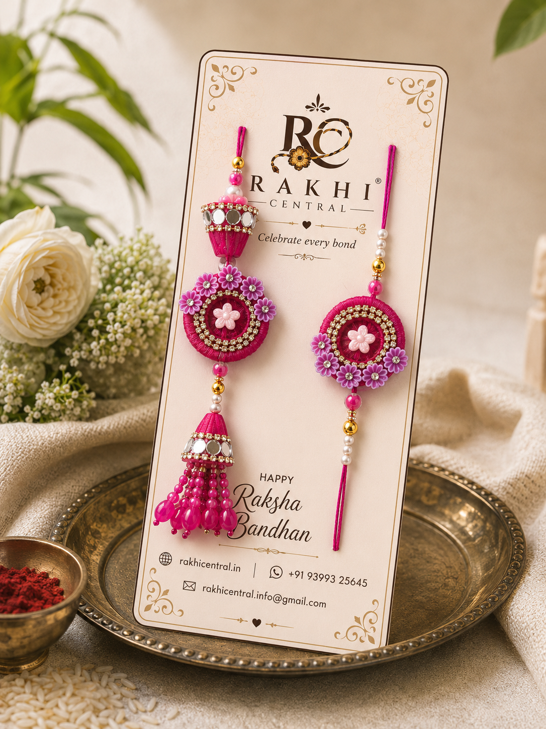 Premium Floral Bhaiya Bhabhi Rakhi Set with Designer Lumba