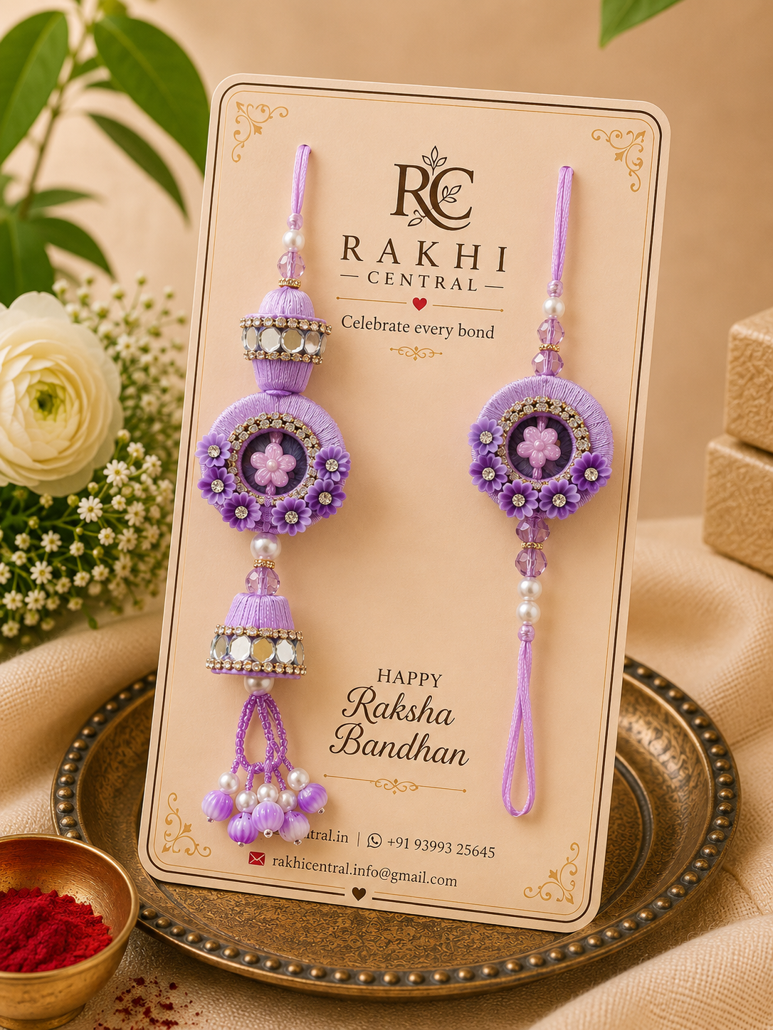 Premium Floral Bhaiya Bhabhi Rakhi Set with Designer Lumba
