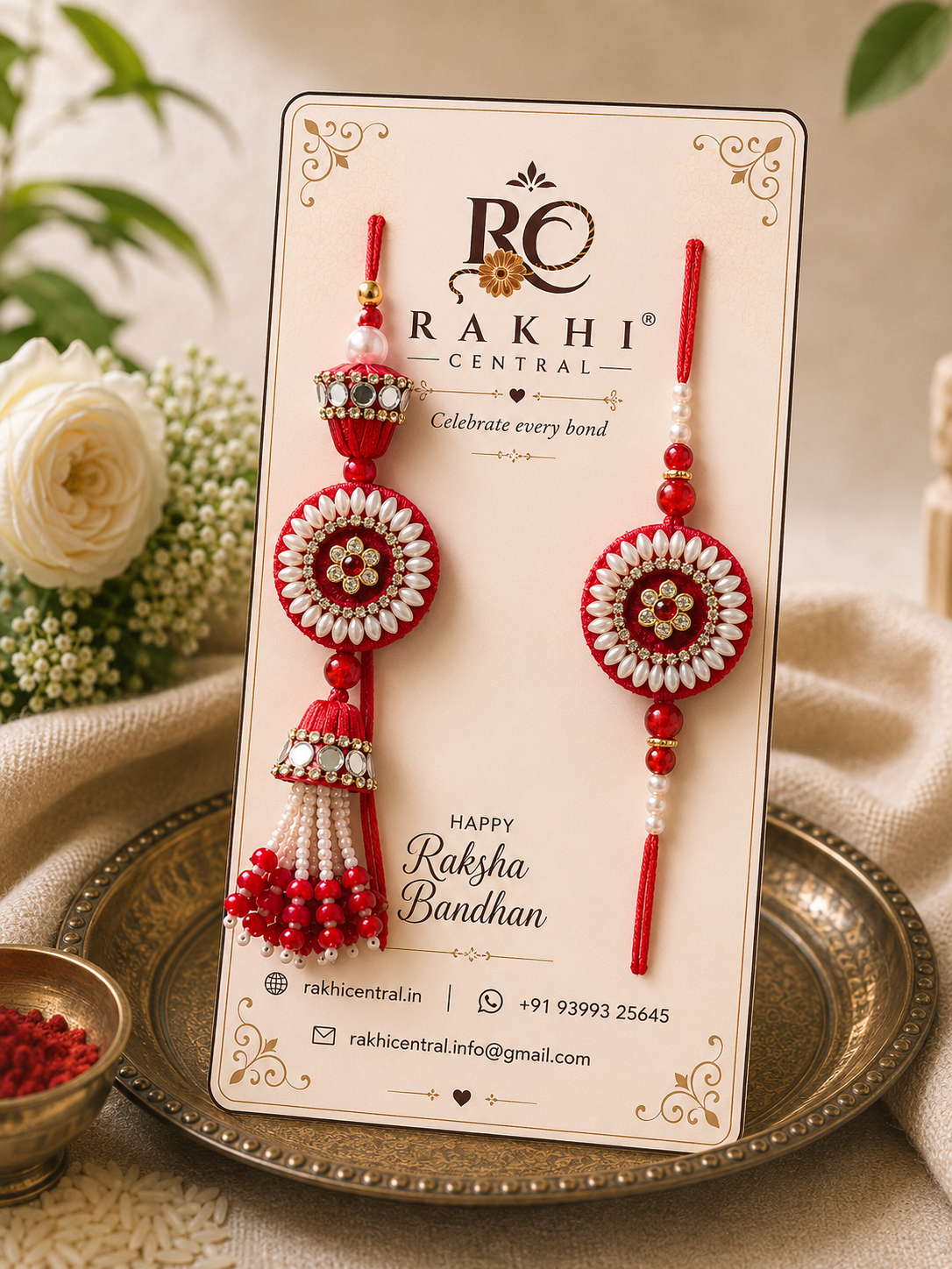 Premium Floral Bhaiya Bhabhi Rakhi Set with Designer Lumba