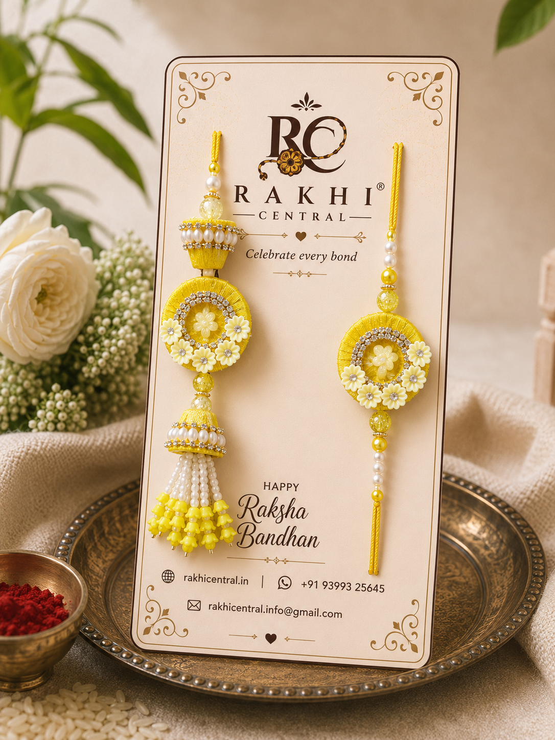 Premium Floral Bhaiya Bhabhi Rakhi Set with Designer Lumba