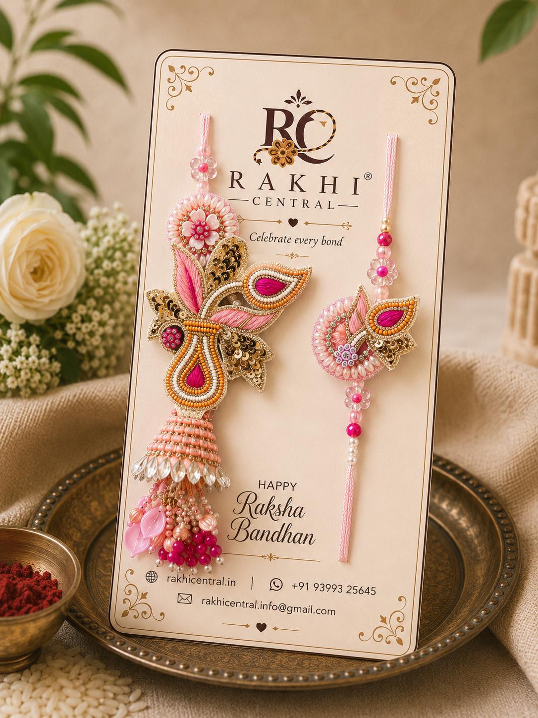 Designer Embroidered Bhai Bhabhi Lumba Rakhi Set with Jhumka
