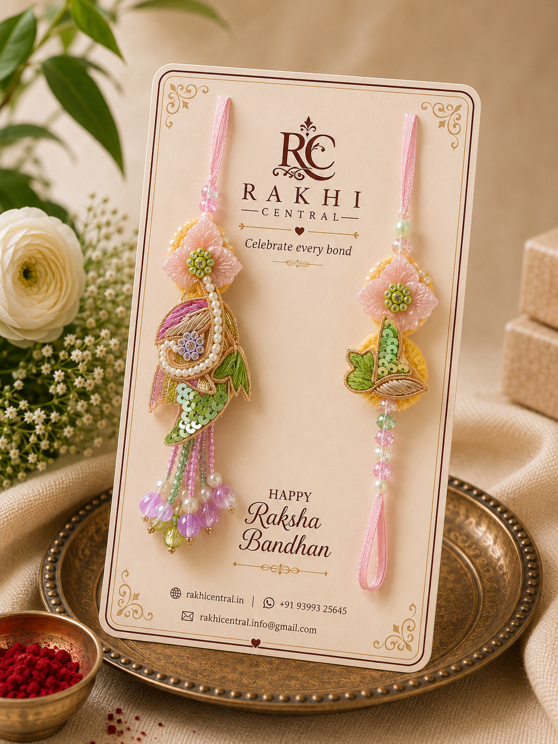 Designer Floral Bhai Bhabhi Lumba Rakhi Set with Embroidery