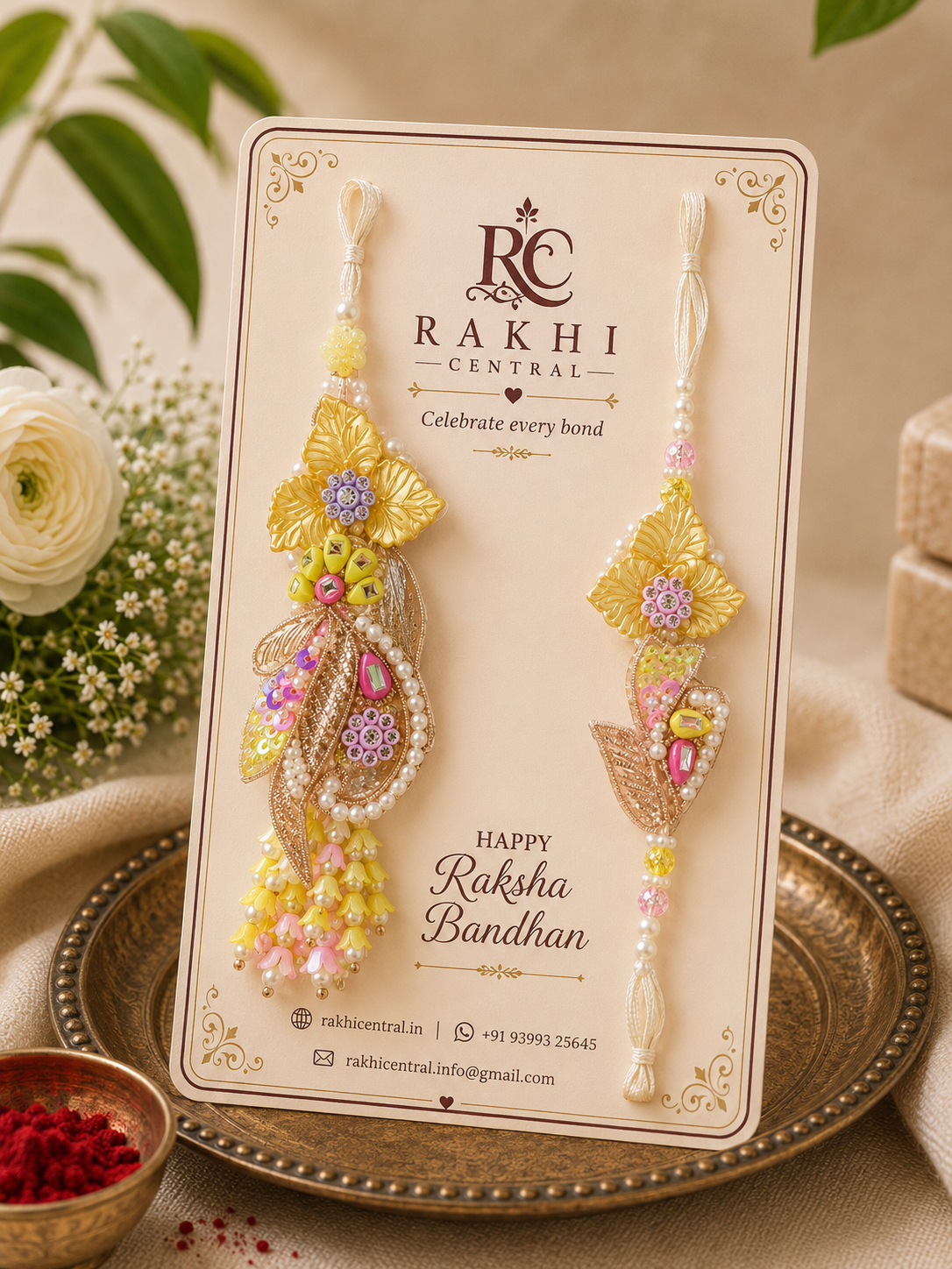 Designer Floral Bhai Bhabhi Lumba Rakhi Set with Embroidery