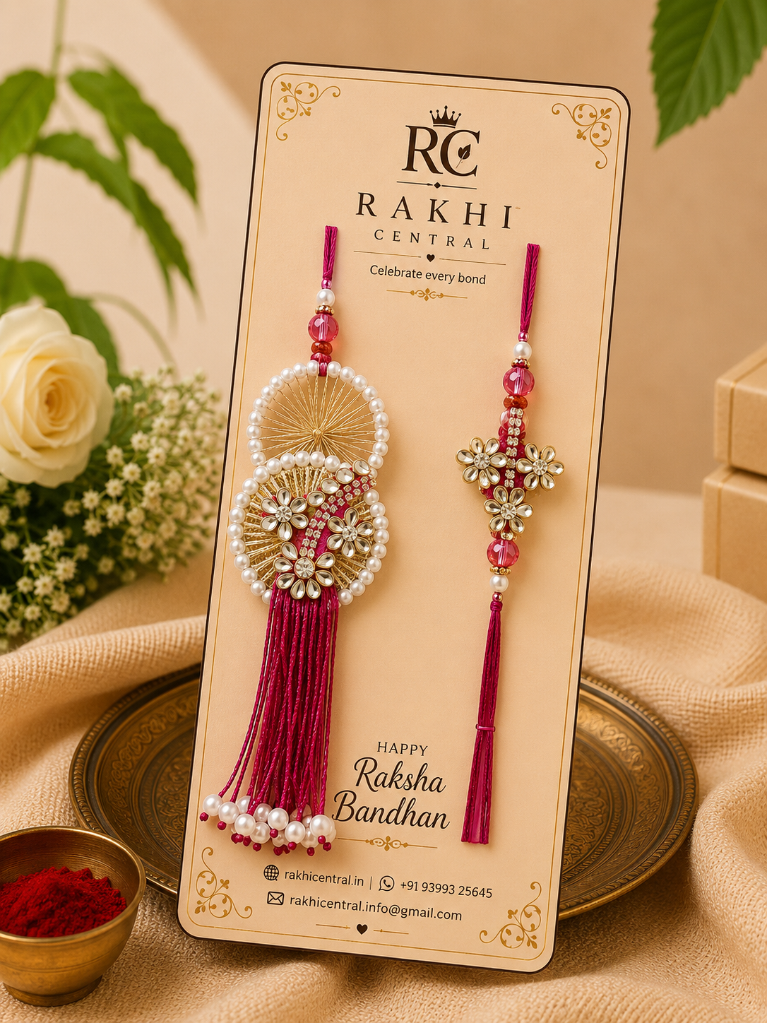 Premium Pearl Floral Bhaiya Bhabhi Rakhi Set with Designer Lumba