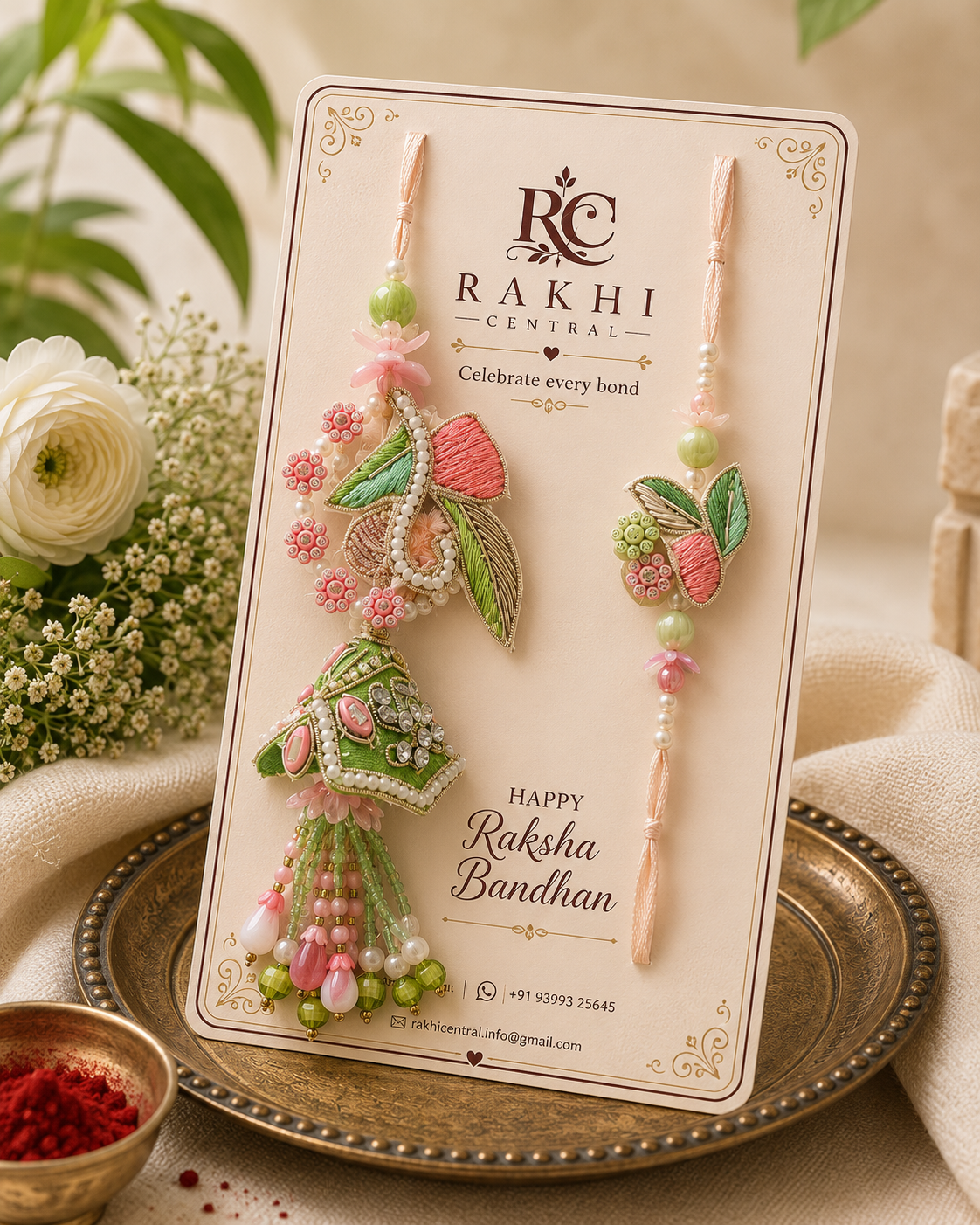 Pastel Floral Jhumki Bhaiya Bhabhi Rakhi Set with Designer Lumba