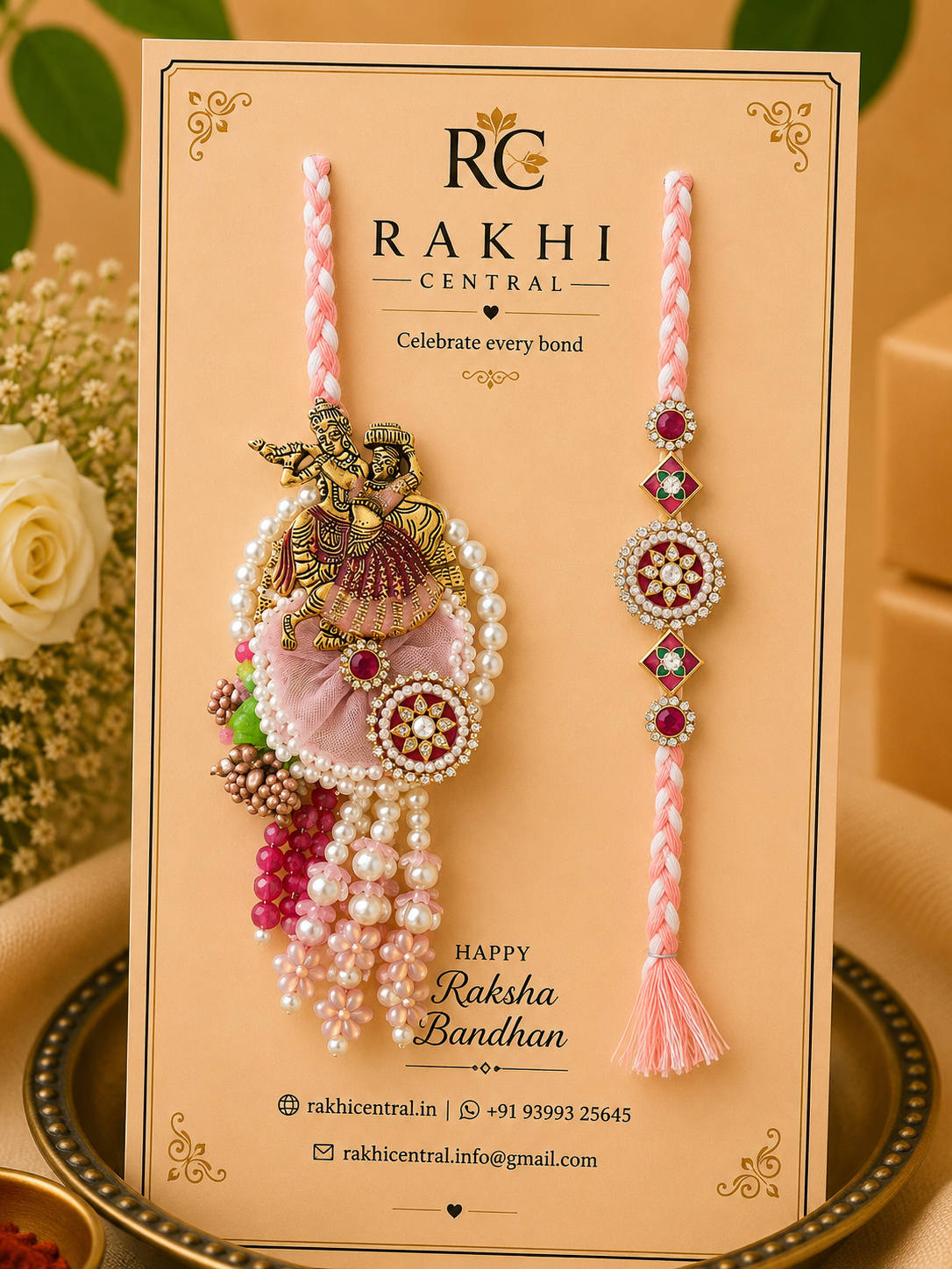 Radha Krishna Bhaiya Bhabhi Rakhi Set with Pearl Lumba