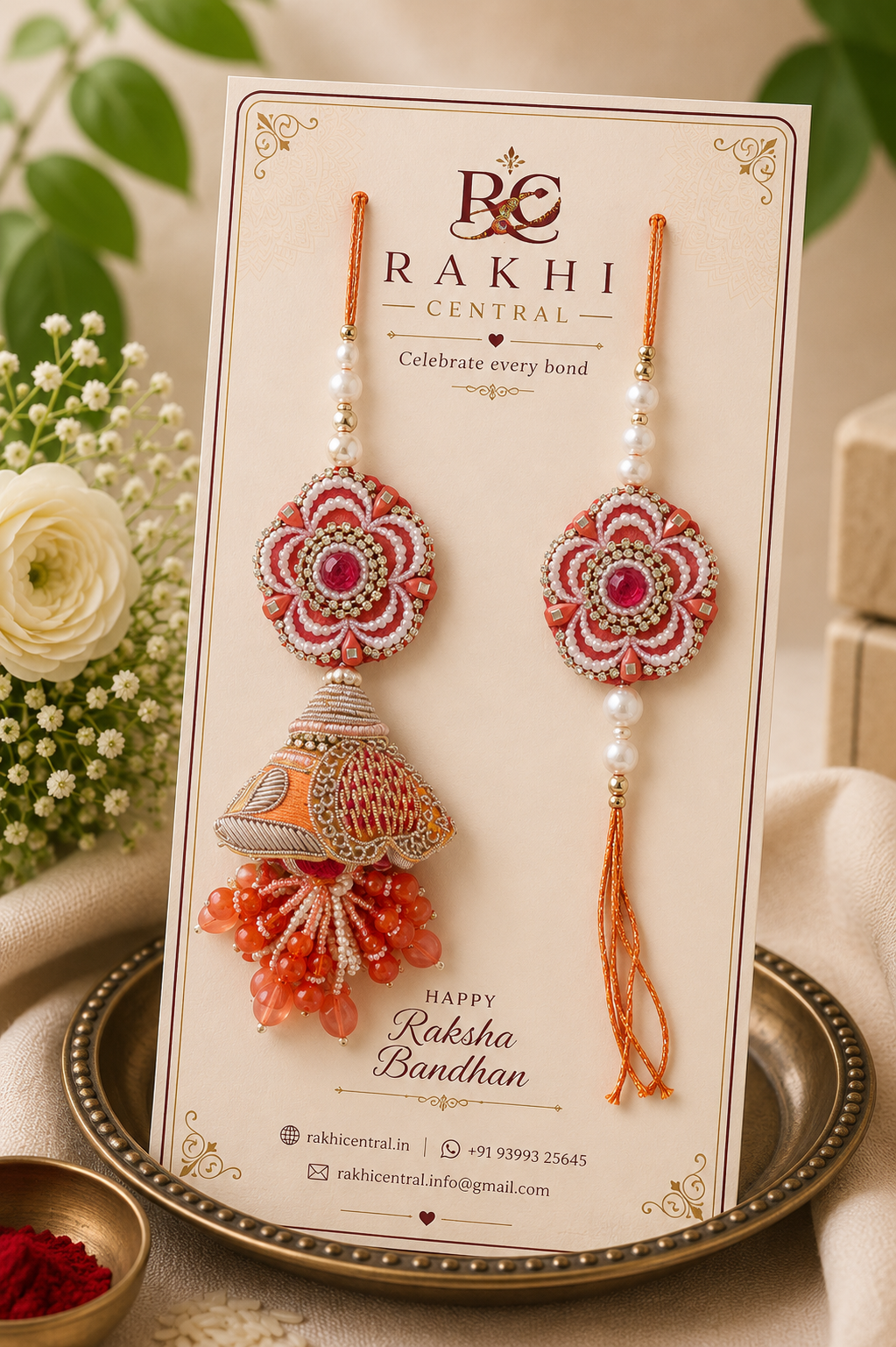 Floral Jhumki Bhaiya Bhabhi Rakhi Set with Designer Lumba
