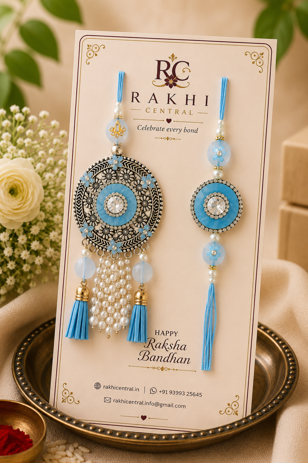 Designer Floral Pearl Bhaiya Bhabhi Rakhi Set with Lumba