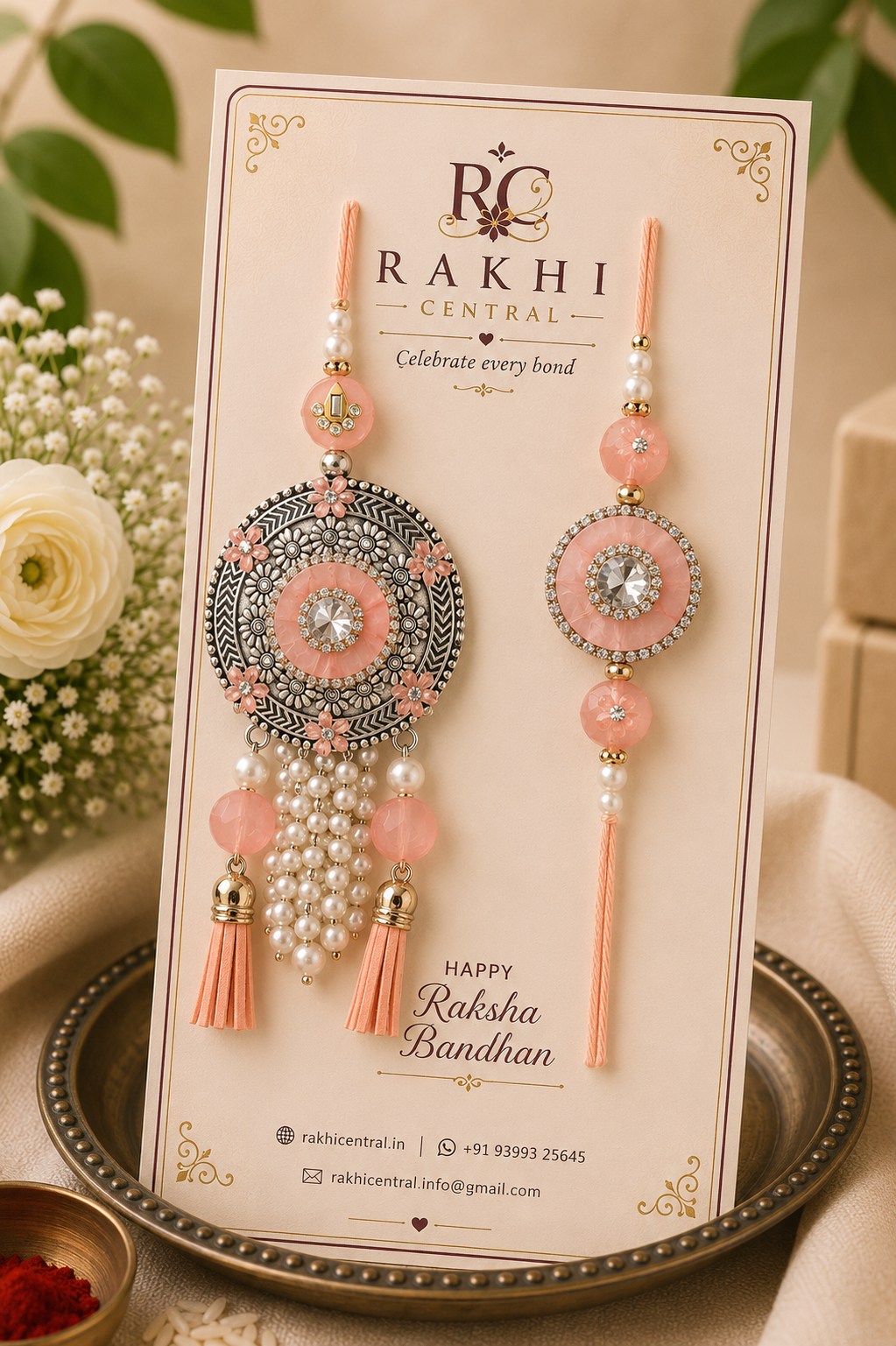 Designer Floral Pearl Bhaiya Bhabhi Rakhi Set with Lumba