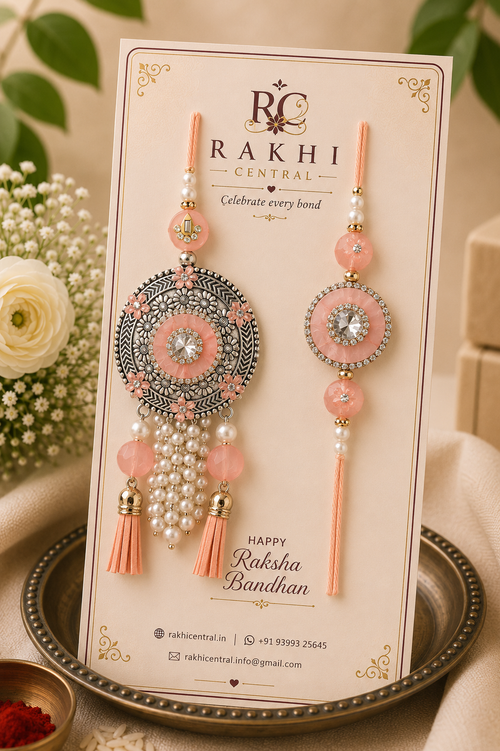 Designer Floral Pearl Bhaiya Bhabhi Rakhi Set with Lumba