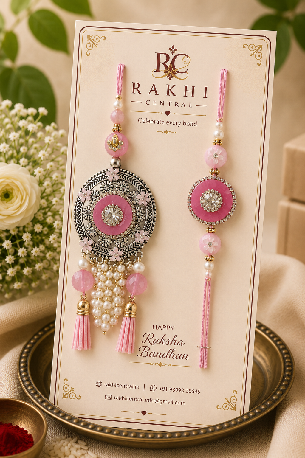 Designer Floral Pearl Bhaiya Bhabhi Rakhi Set with Lumba