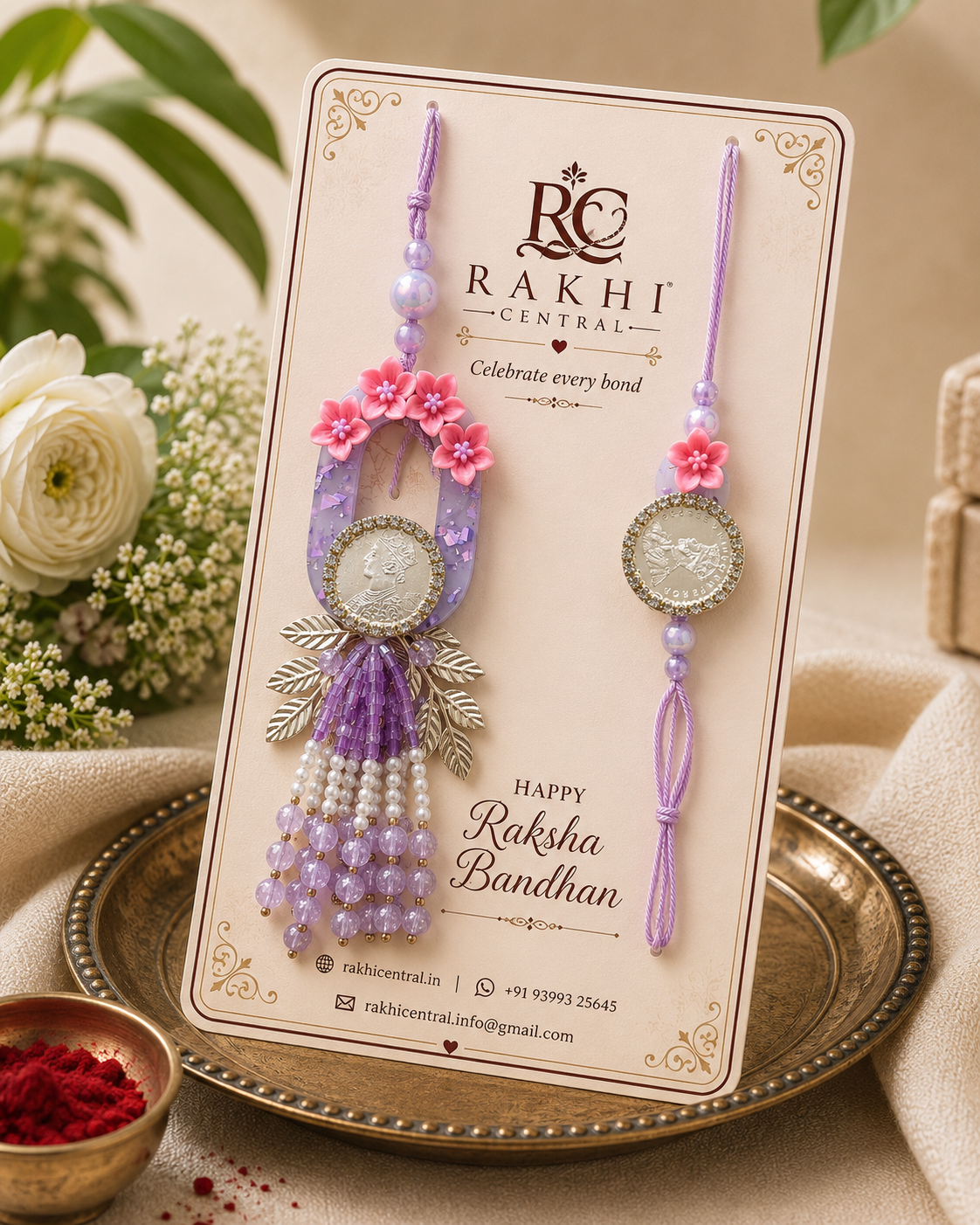 Floral Coin Bhaiya Bhabhi Rakhi Set with Beaded Lumba
