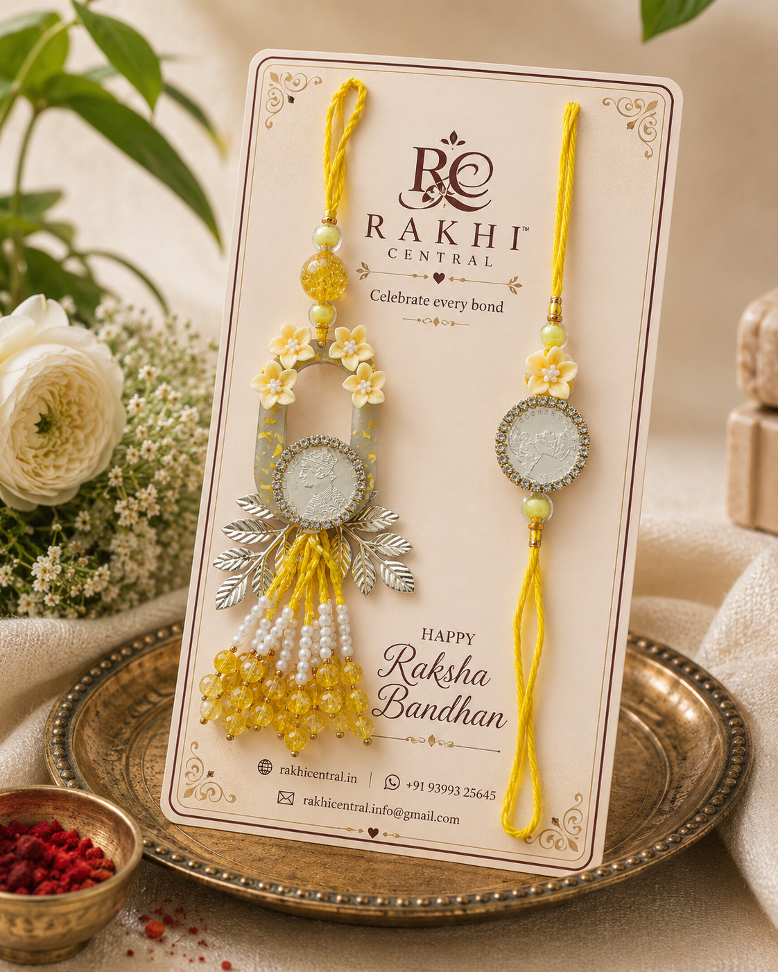 Floral Coin Bhaiya Bhabhi Rakhi Set with Beaded Lumba