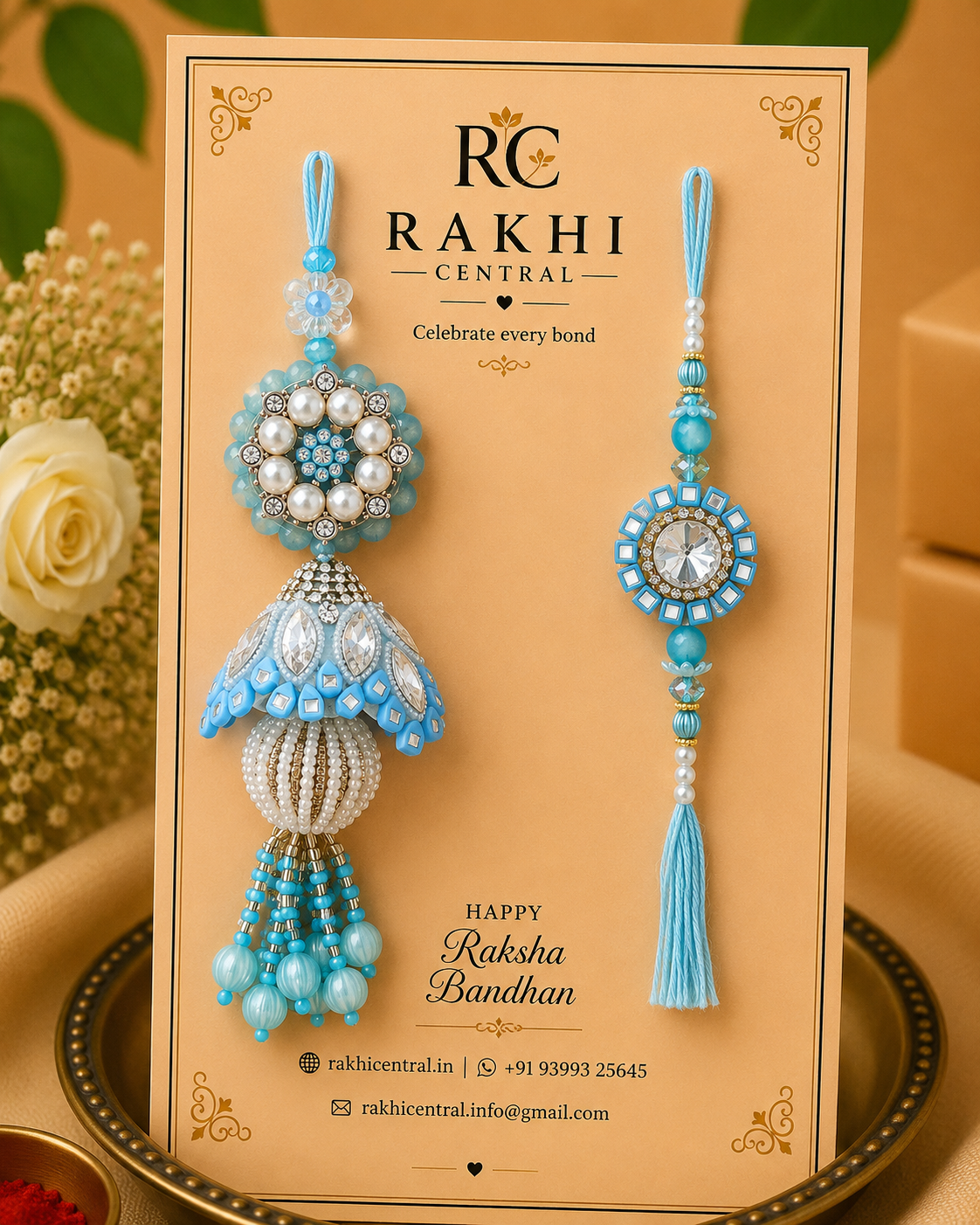 Designer Pearl Bhaiya Bhabhi Rakhi Set with Decorative Lumba