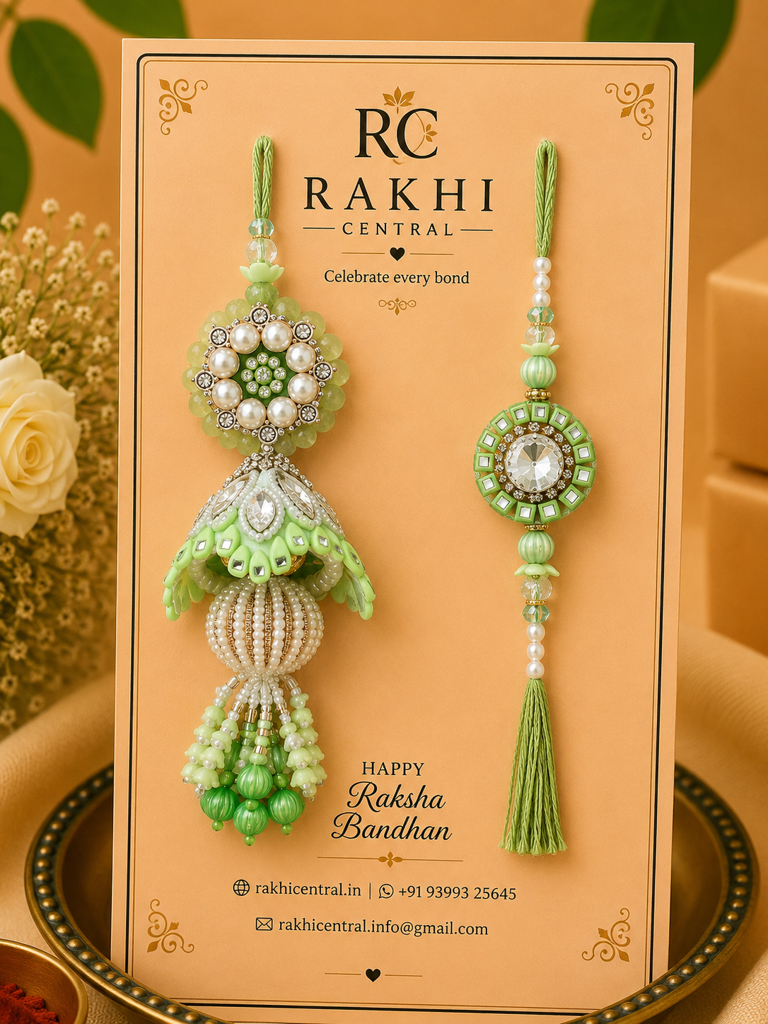 Designer Pearl Bhaiya Bhabhi Rakhi Set with Decorative Lumba