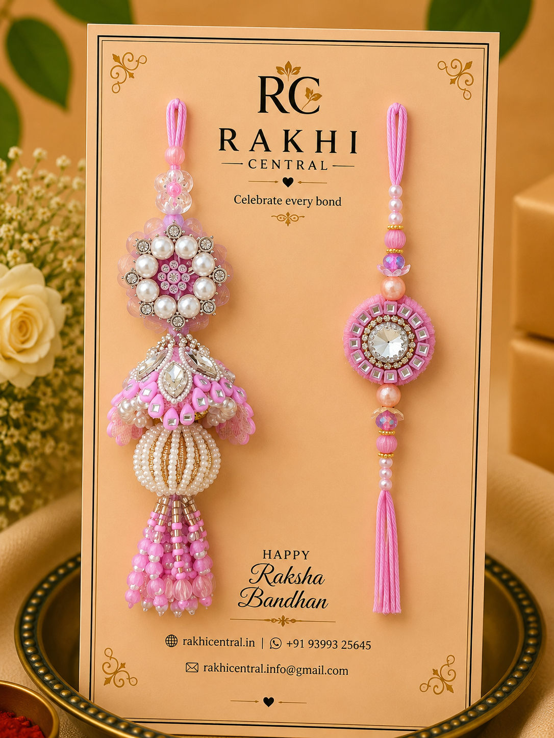 Designer Pearl Bhaiya Bhabhi Rakhi Set with Decorative Lumba