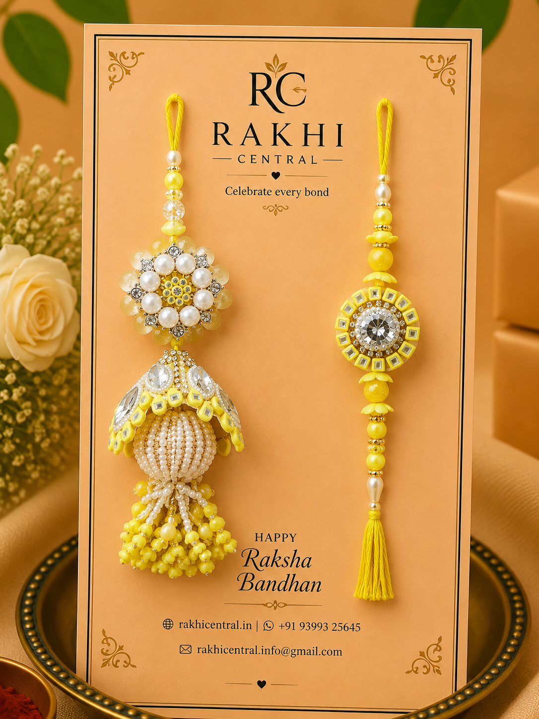 Designer Pearl Bhaiya Bhabhi Rakhi Set with Decorative Lumba