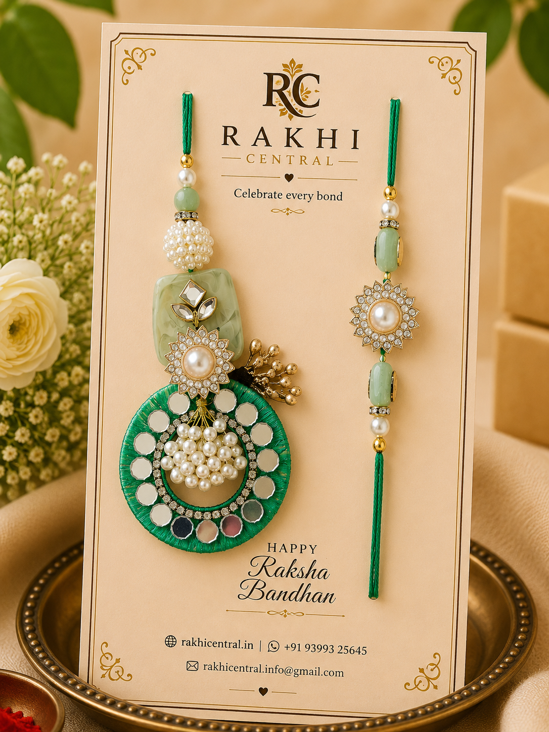 Designer Pearl Mirror Bhaiya Bhabhi Rakhi Set with Lumba