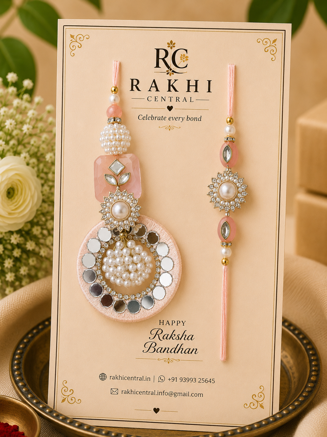 Designer Pearl Mirror Bhaiya Bhabhi Rakhi Set with Lumba