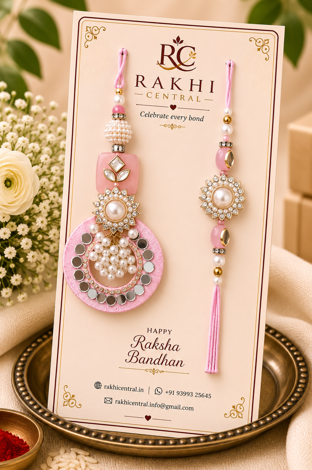 Designer Pearl Mirror Bhaiya Bhabhi Rakhi Set with Lumba