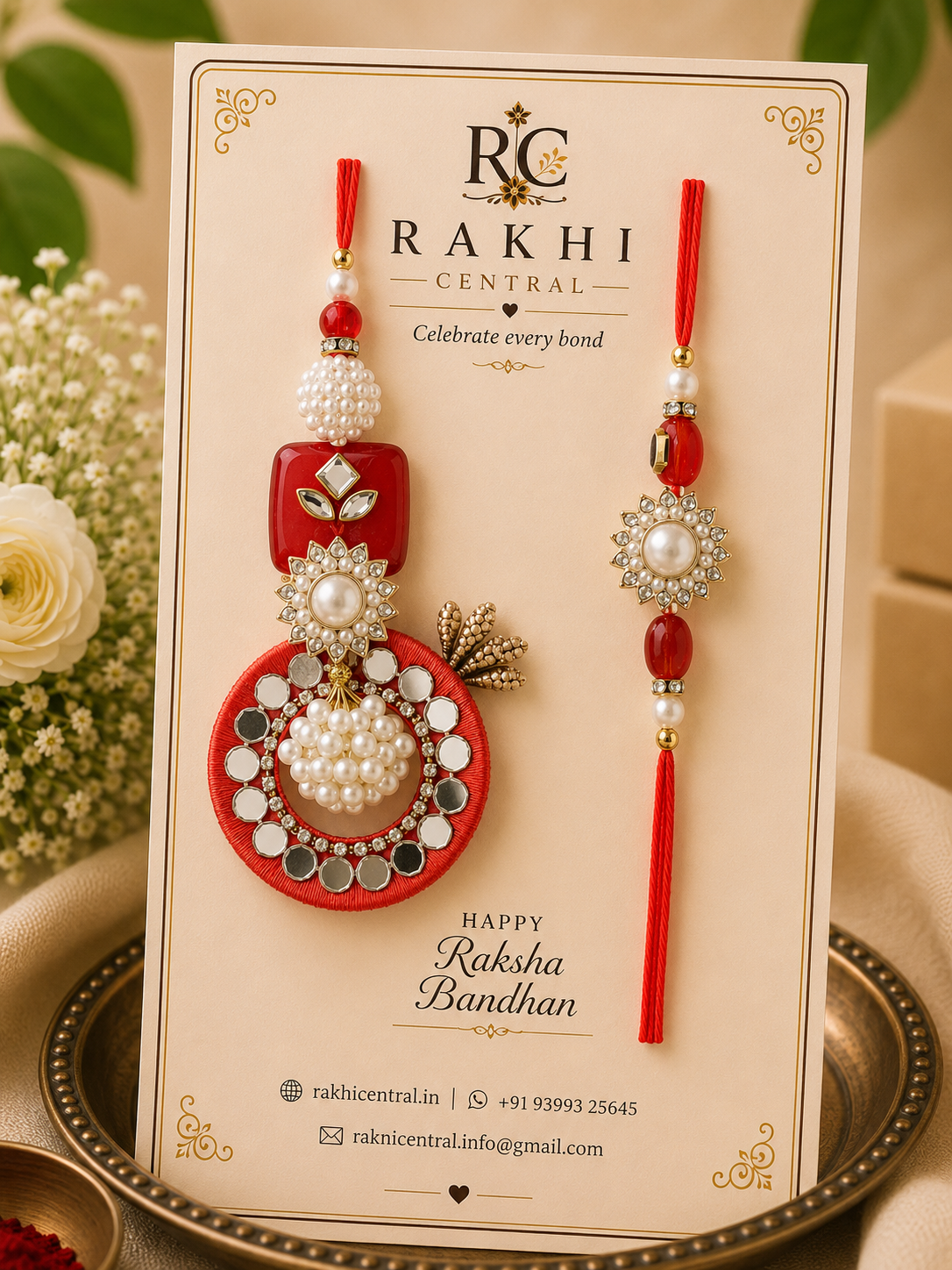 Designer Pearl Mirror Bhaiya Bhabhi Rakhi Set with Lumba