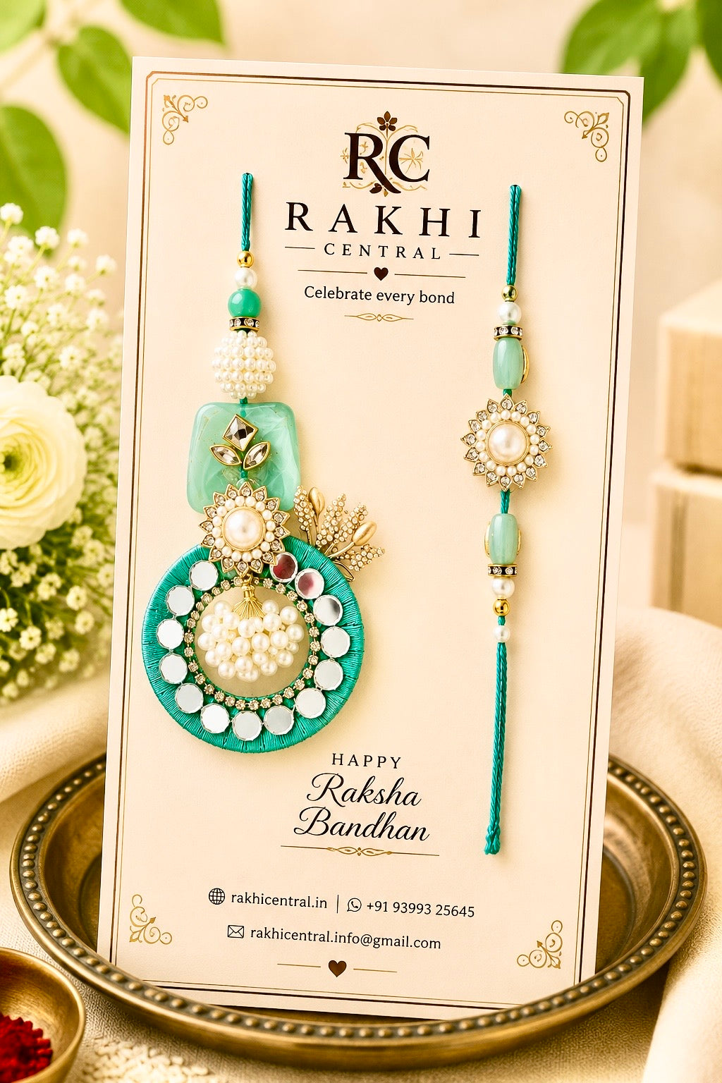Designer Pearl Mirror Bhaiya Bhabhi Rakhi Set with Lumba
