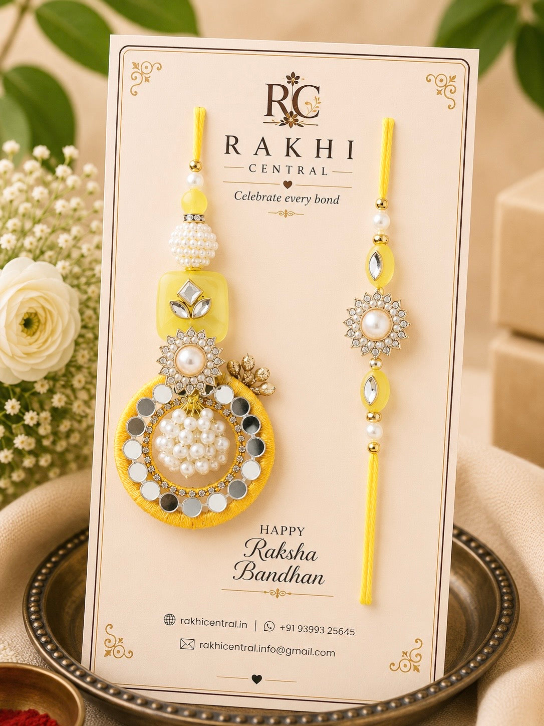 Designer Pearl Mirror Bhaiya Bhabhi Rakhi Set with Lumba
