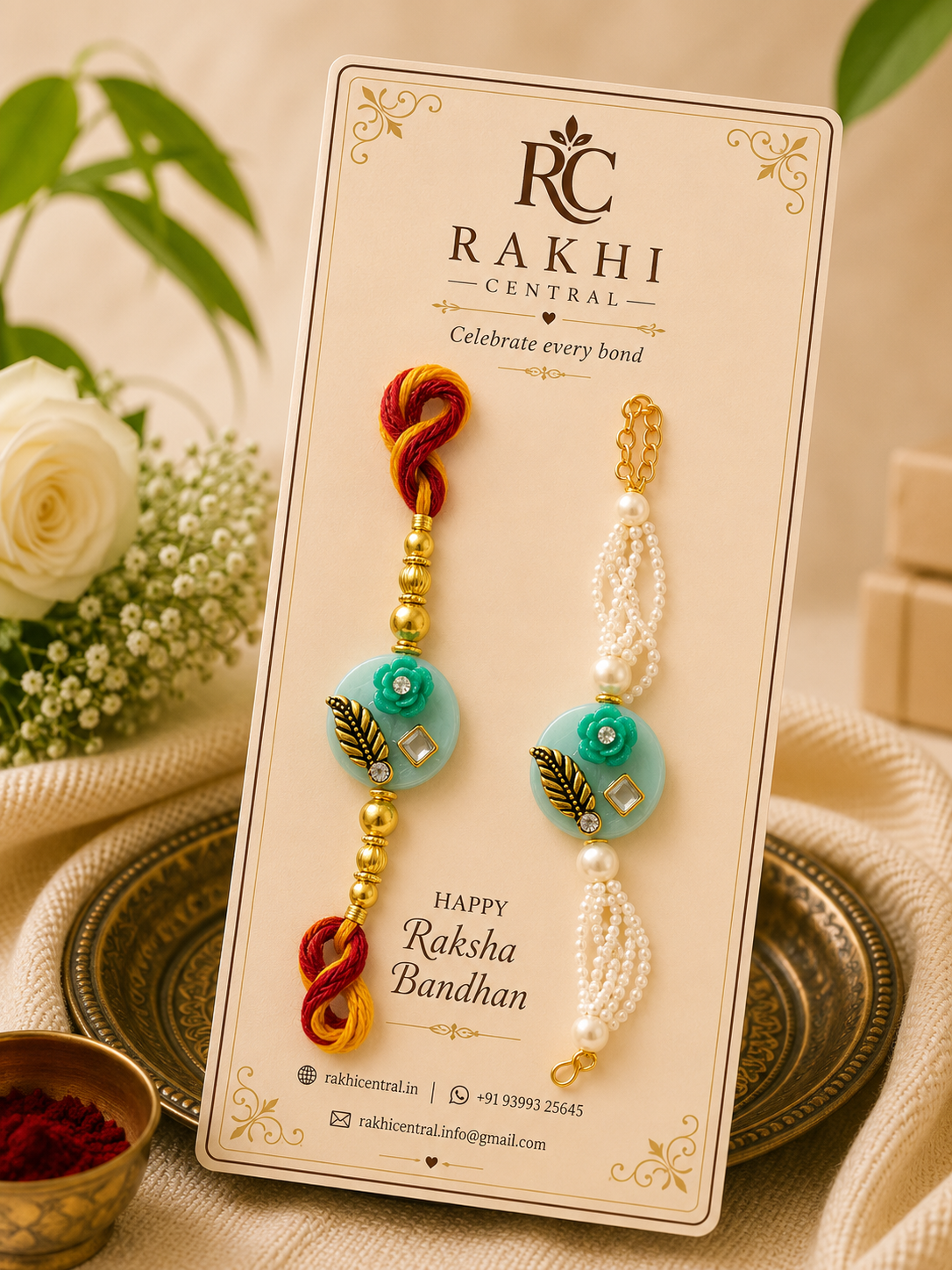 Premium Floral Bracelet Rakhi with Pearl & Gold-Tone Accents