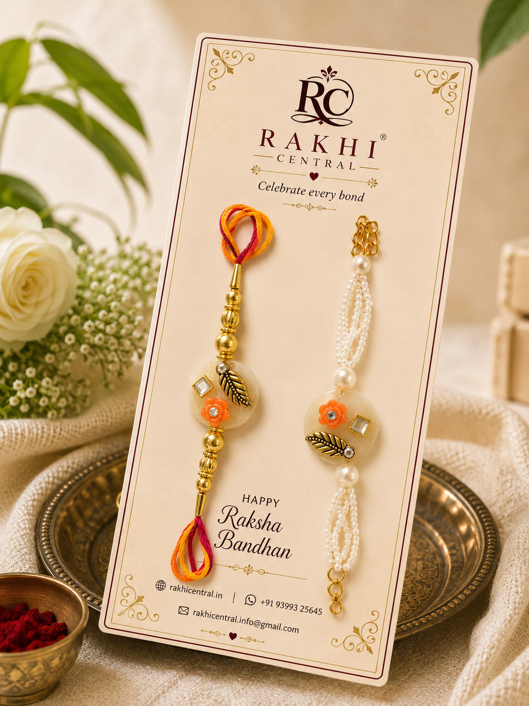 Premium Floral Bracelet Rakhi with Pearl & Gold-Tone Accents