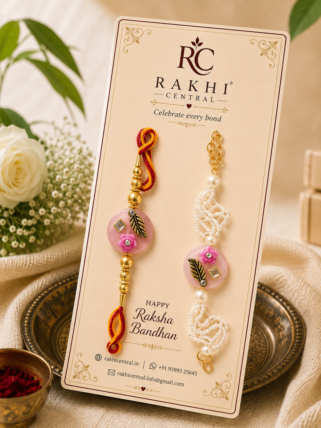 Premium Floral Bracelet Rakhi with Pearl & Gold-Tone Accents