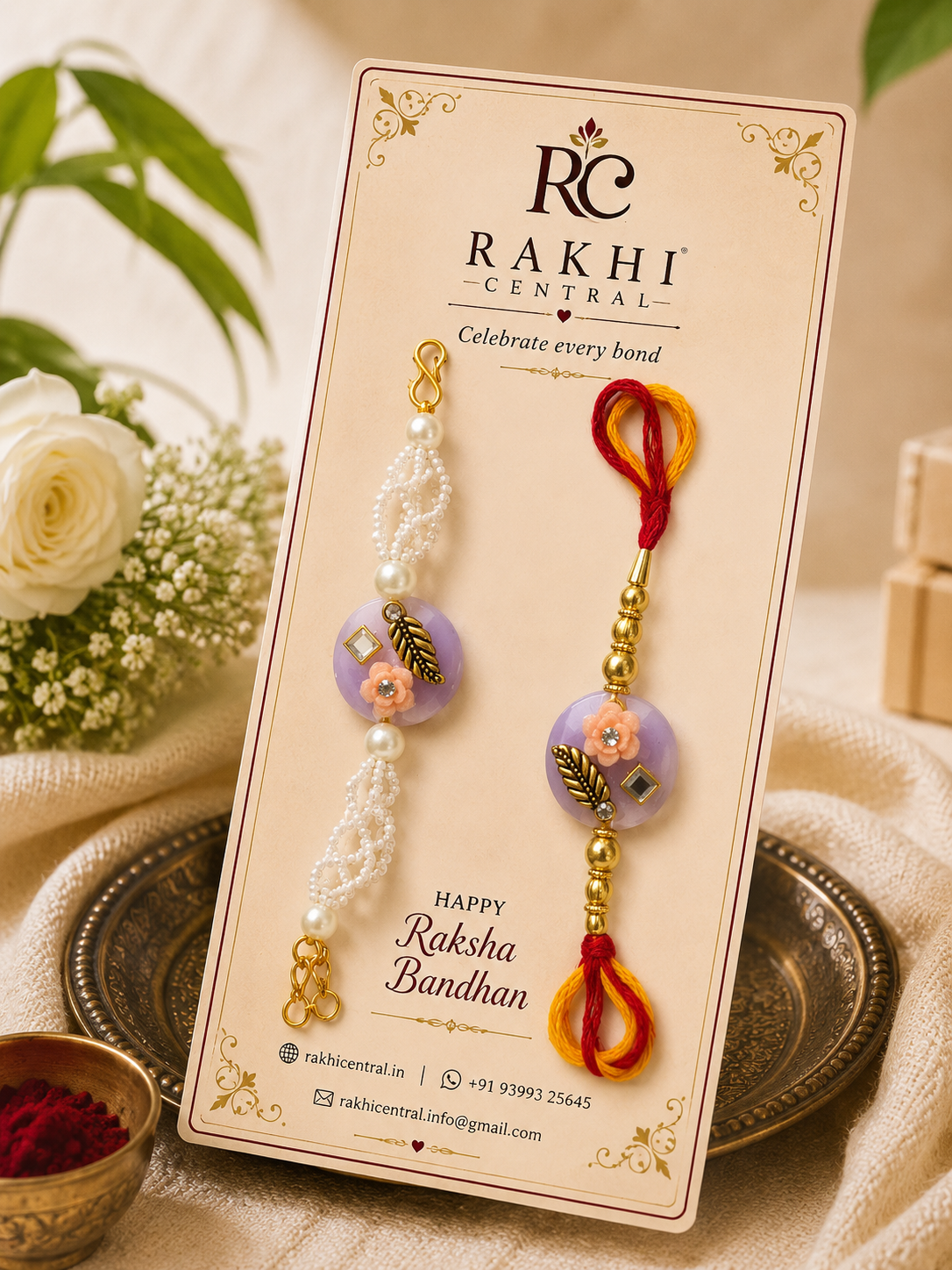 Premium Floral Bracelet Rakhi with Pearl & Gold-Tone Accents