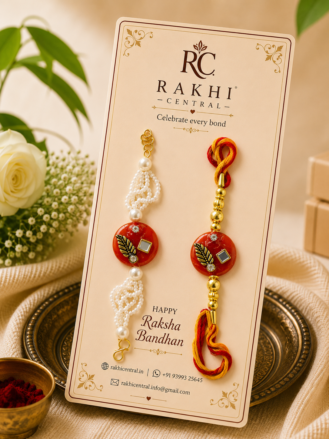 Premium Floral Bracelet Rakhi with Pearl & Gold-Tone Accents